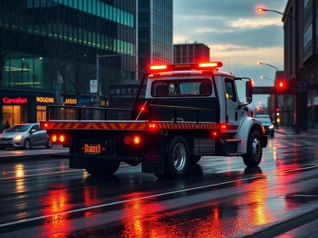 BK Towing flatbed truck with amber lights on a city street at dusk